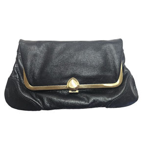 Kate Landry Leather Fold Over Clutch Black Cowhide Evening Bag Gold Hardware